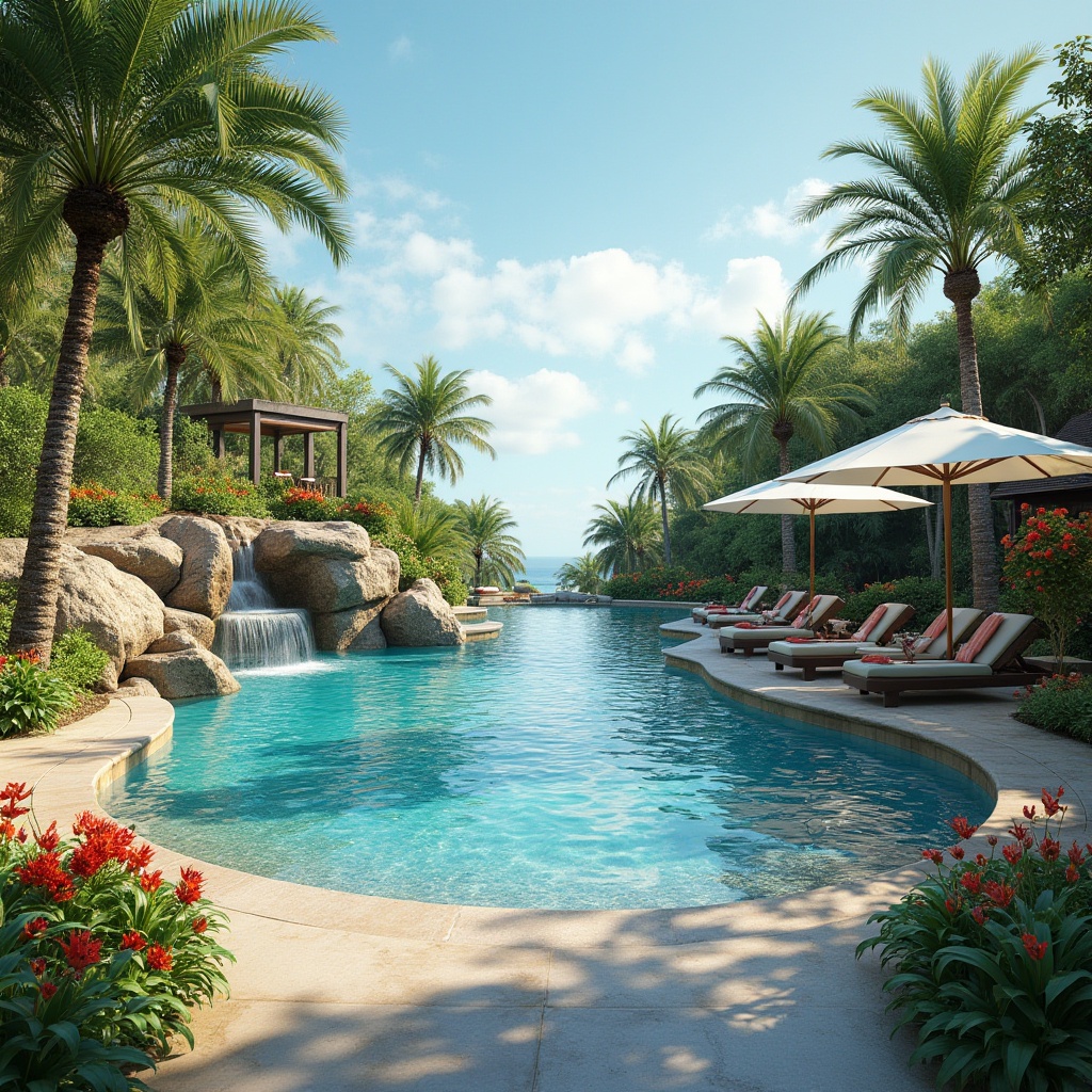 Prompt: Luxurious swimming pool, tropical landscape integration, palm trees surrounding, vibrant colorful flowers blooming, natural stone walls, waterfalls cascading into the pool, infinity edge blending with the horizon, sunny day, warm soft lighting, lush greenery, comfortable lounge chairs, umbrella shades, refreshing cocktails, 3/4 composition, panoramic view, realistic render.