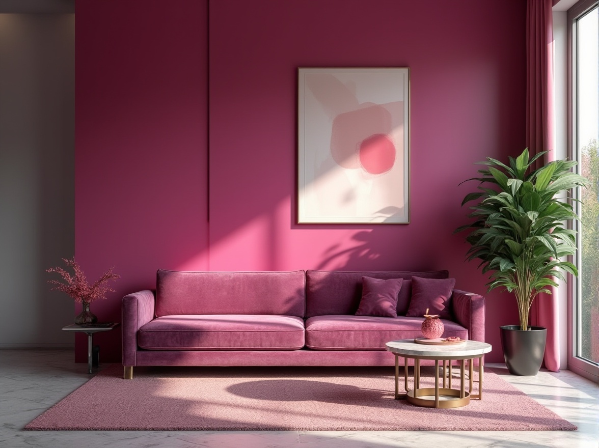 Prompt: Vibrant magenta, bold accent wall, modern minimalist interior, sleek lines, geometric shapes, abstract art piece, rich velvet sofa, metallic gold legs, marble coffee table, lush greenery, natural light pouring in, bright and airy atmosphere, 3/4 composition, shallow depth of field, pastel pink accents, creamy whites, deep charcoal greys, luxurious feel, cinematic lighting.