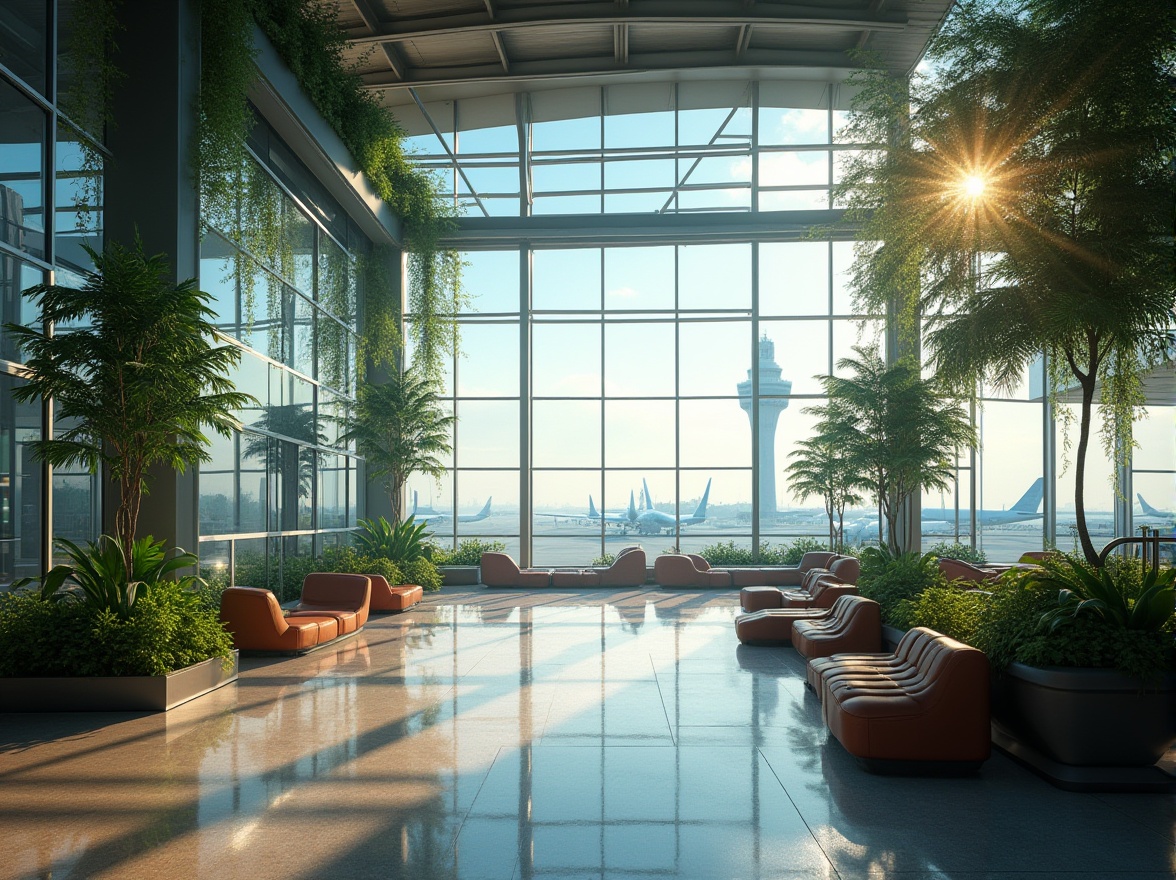 Prompt: Airport terminal building, futuristic fusion architecture, sleek lines, metallic materials, glass ceilings, minimalist interior design, lush greenery, tropical plants, palm trees, hanging vines, natural stone floors, modern seating areas, ambient lighting, panoramic views of runways, air traffic control tower, commercial airplanes in the background, morning mist, soft sunlight filtering through the glass roof, 3/4 composition, shallow depth of field.