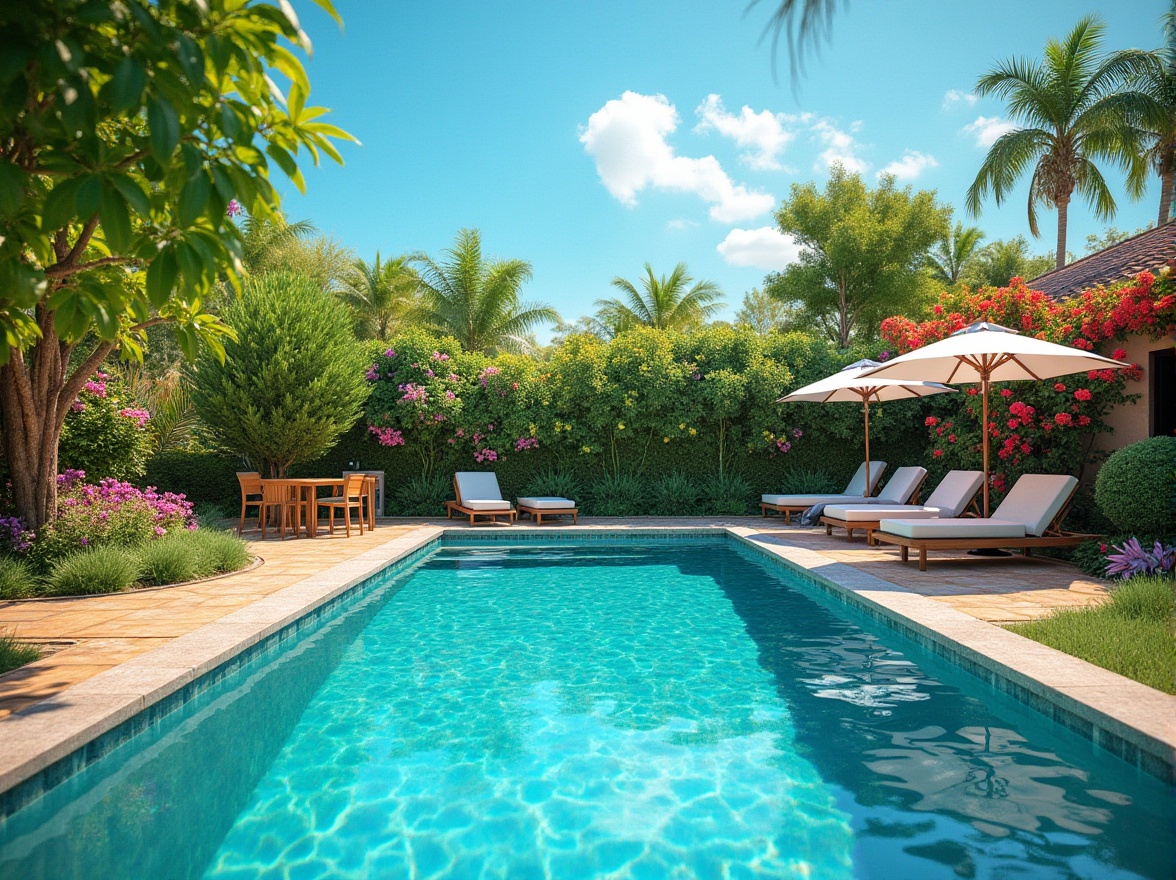 Prompt: Vibrant backyard, sunny day, clear blue sky, lush green trees, colorful flowers blooming around the pool area, a large rectangular swimming pool, water sparkling in shades of turquoise, cyan, and aqua, decorative tile surround, comfortable lounge chairs, umbrellas, tropical vibe, warm ambient light, 3/4 composition, shallow depth of field.