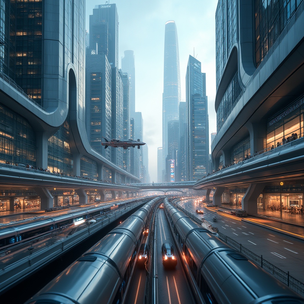 Prompt: seamless integration, transportation hubs, futuristic cityscape, sleek skyscrapers, curved lines, metallic materials, neon lights, bustling streets, flying cars, hyperloop tubes, elevated walkways, urban planning, modern architecture, glass and steel structures, reflective surfaces, dynamic lighting, cinematic composition, low-angle shot, atmospheric perspective.