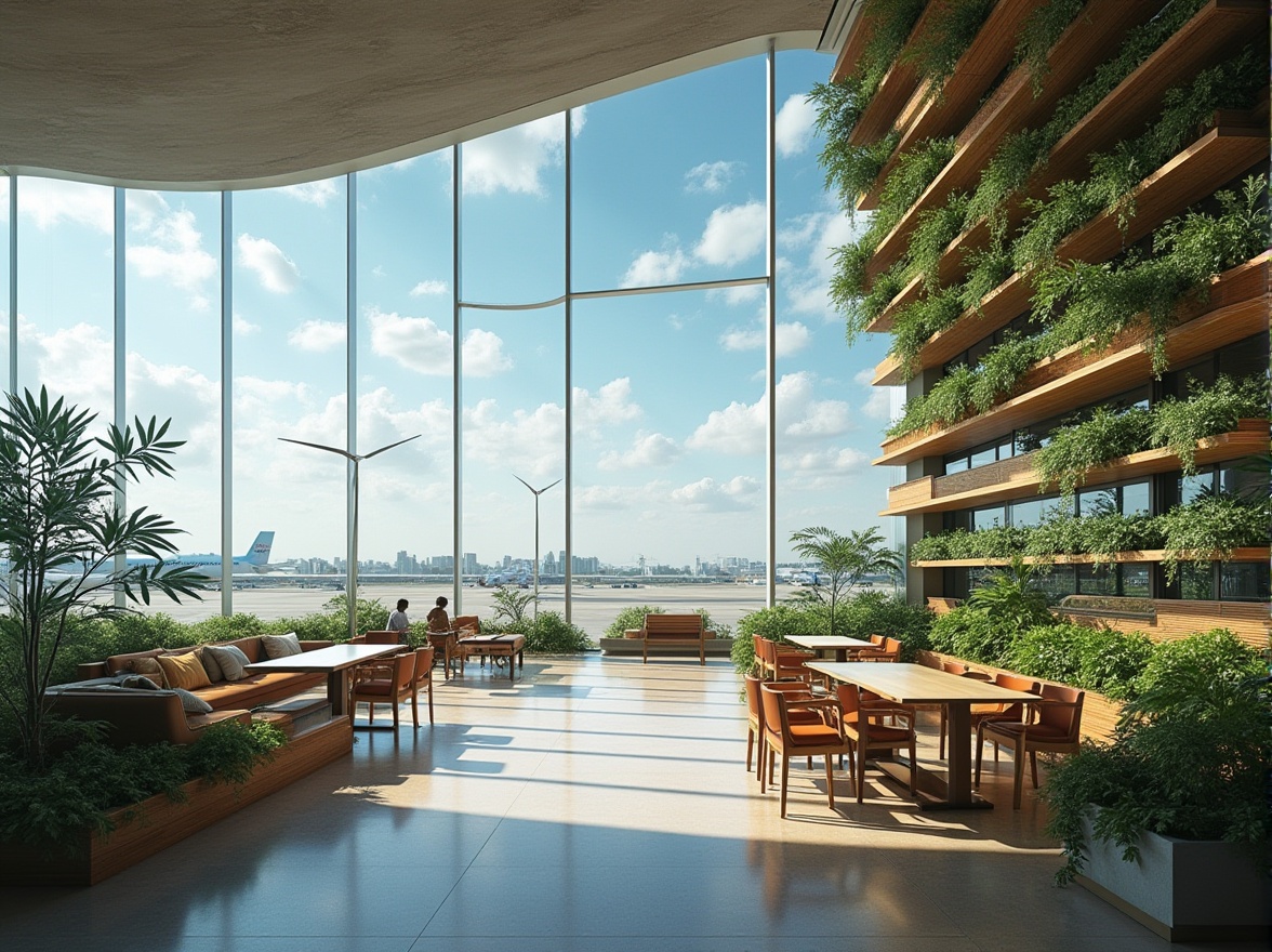 Prompt: Modern airport, fusion architecture, sustainable design, green roofs, solar panels, wind turbines, recycled materials, natural ventilation, large windows, minimalist interior, wooden accents, living walls, lush greenery, airport lounge, comfortable seating areas, calm atmosphere, soft lighting, warm color scheme, panoramic view of runway, aircraft in the distance, blue sky with fluffy white clouds, 3/4 composition, cinematic lighting.