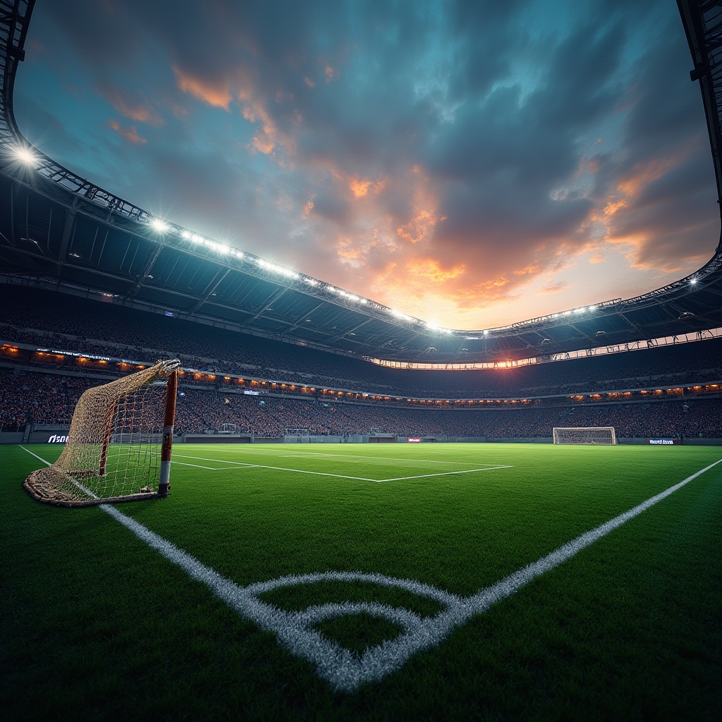 Prompt: stadium, evening game, vibrant LED lights, cheering crowd, green grass, smooth turf, shiny metal goalposts, worn-out athletic tracks, rusted stadium seats, concrete structure, steel beams, intricate architecture, sunset skybox, dramatic cloud formations, warm ambient lighting, cinematic composition, 3/4 view, low-angle shot, soft focus on the foreground.