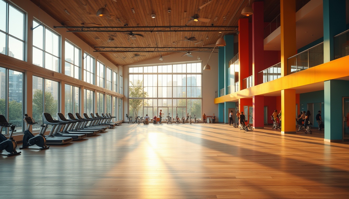 Prompt: Vibrant community center, modern architecture, large windows, natural light, wooden floors, colorful walls, indoor gymnasium, basketball court, sports equipment, treadmills, exercise bikes, fitness classes, group yoga, spinning room, mirrored walls, sound system, high ceilings, urban setting, cityscape, afternoon sun, warm lighting, shallow depth of field, blurred background, sharp foreground, 3/4 composition, dynamic angles.