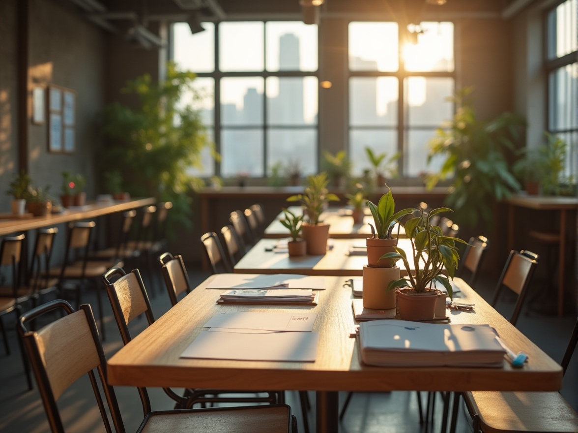 Prompt: Minimalist urban workshop, wooden tables, metal chairs, recycled paper notes, reusable pens, potted plants, natural light, concrete floor, industrial windows, city skyline view, morning sunlight, soft shadows, warm atmosphere, 3/4 composition, close-up of hands holding eco-friendly products, shallow depth of field, soft focus on background, earthy tone color palette, realistic texture, ambient lighting.