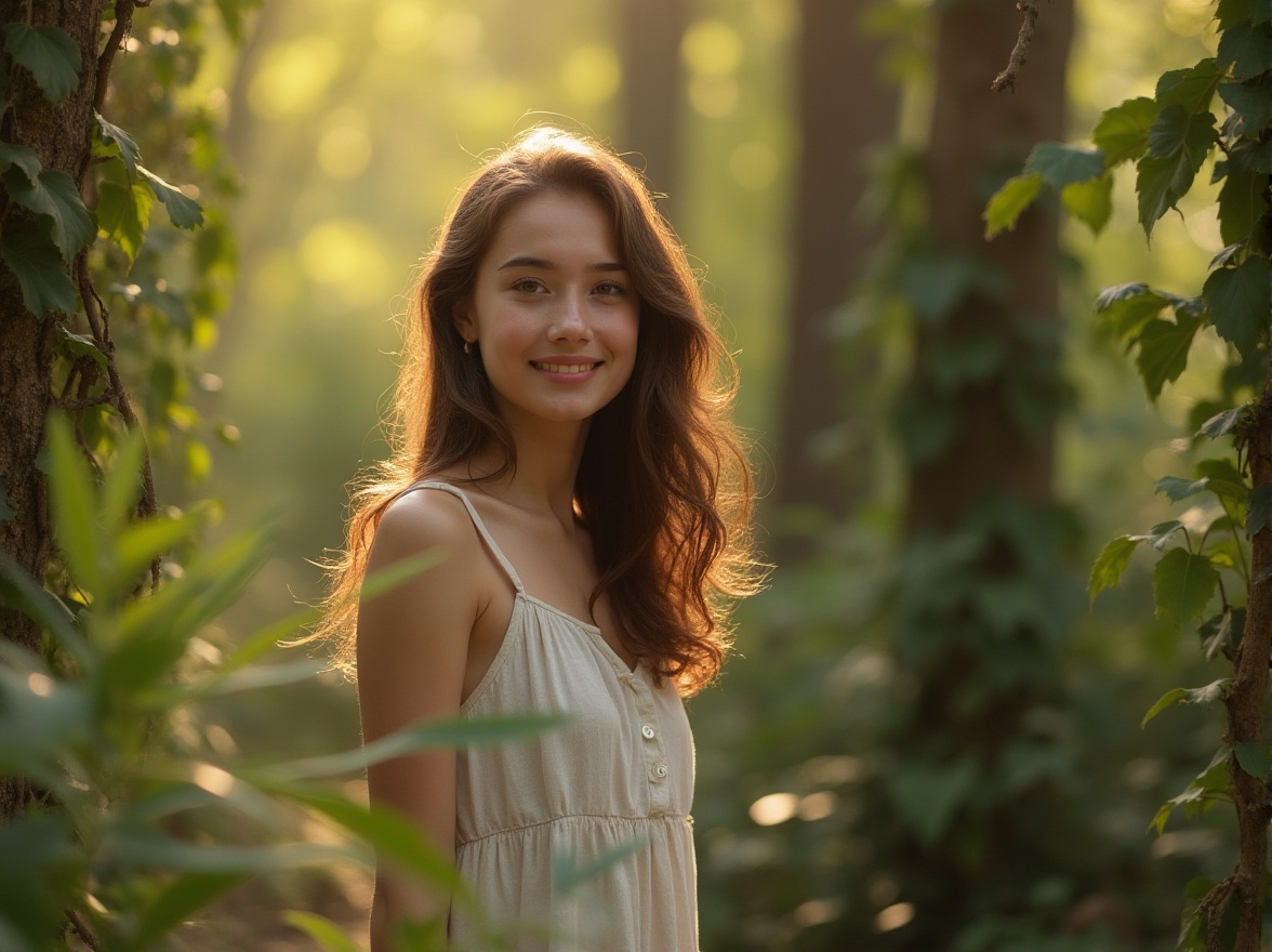 Prompt: Natural integration, blending with environment, girl, 18yo, gentle smile, wavy brown hair, minimal makeup, casual wear, standing, forest, trees, green leaves, vines, flowers, soft sunlight filtering through foliage, warm ambient lighting, cinematic composition, depth of field, realistic, natural colors, serene atmosphere, peaceful mood.