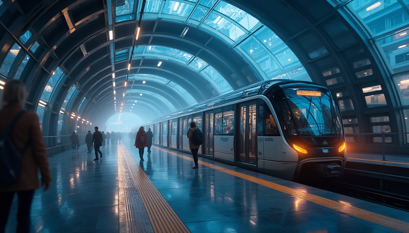 Prompt: Modern metropolitan city, futuristic metro station, sleek glass facade, steel frame structure, LED light strips, dynamic curves, geometric patterns, urban landscape, busy street scene, blurred pedestrians, abstract background lights, atmospheric mist, dramatic nighttime ambiance, high-angle shot, cinematic composition, symmetrical reflection, HDR, wide-angle lens.