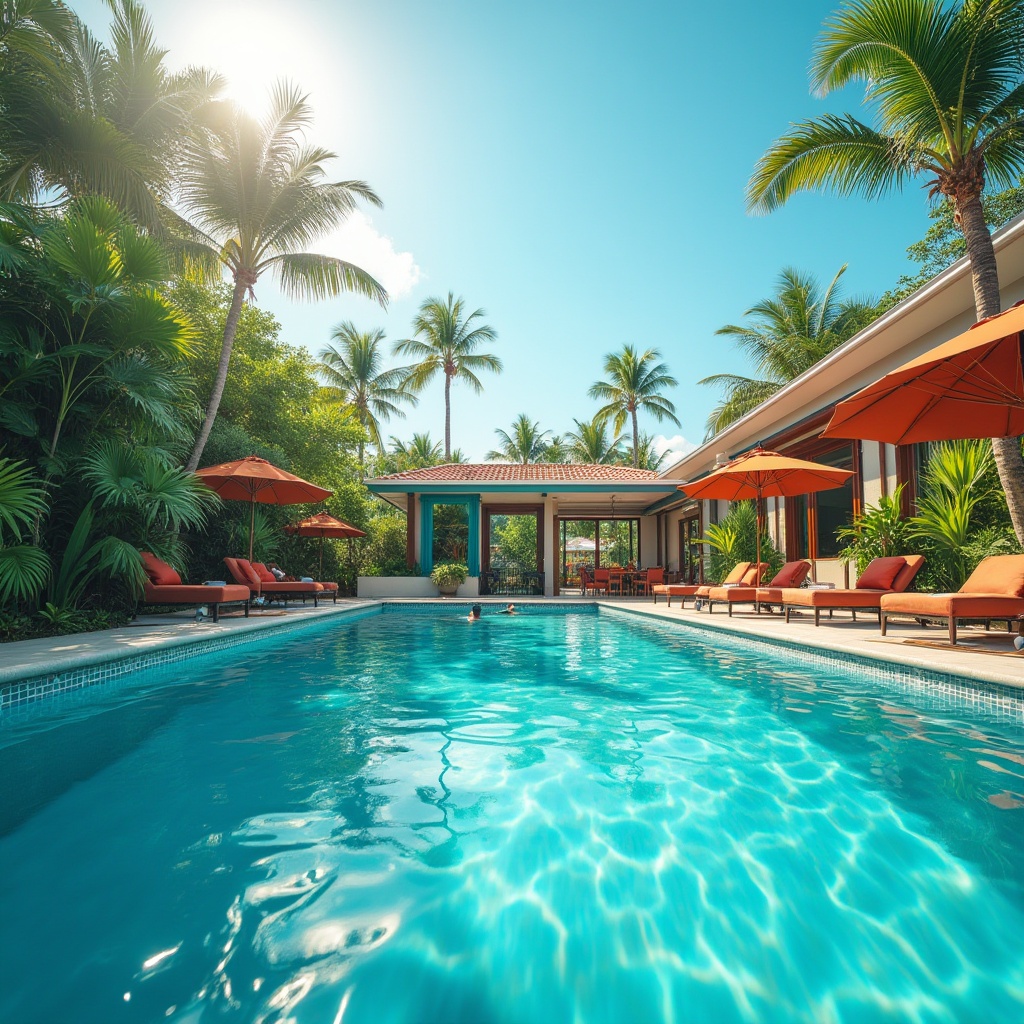 Prompt: Vibrant backyard, summer atmosphere, clear blue sky, sun shining down, beautiful pool, water reflecting the surroundings, colorful pool tiles, gradient effect, bright turquoise water, swimmer in distance, tropical plants surrounding the pool area, lounge chairs and umbrellas nearby, warm lighting, 3/4 composition, shallow depth of field.