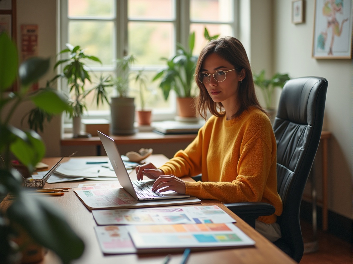 Prompt: Modern designer, sitting at desk, MacBook, colorful design books, pencils, color swatches, papers, ergonomic chair, minimalist studio, natural light, plants, wooden floor, creative atmosphere, warm tone, pastel colors, bold typography, abstract shapes, 3/4 composition, shallow depth of field, soft focus, warm lighting, inspirational mood.