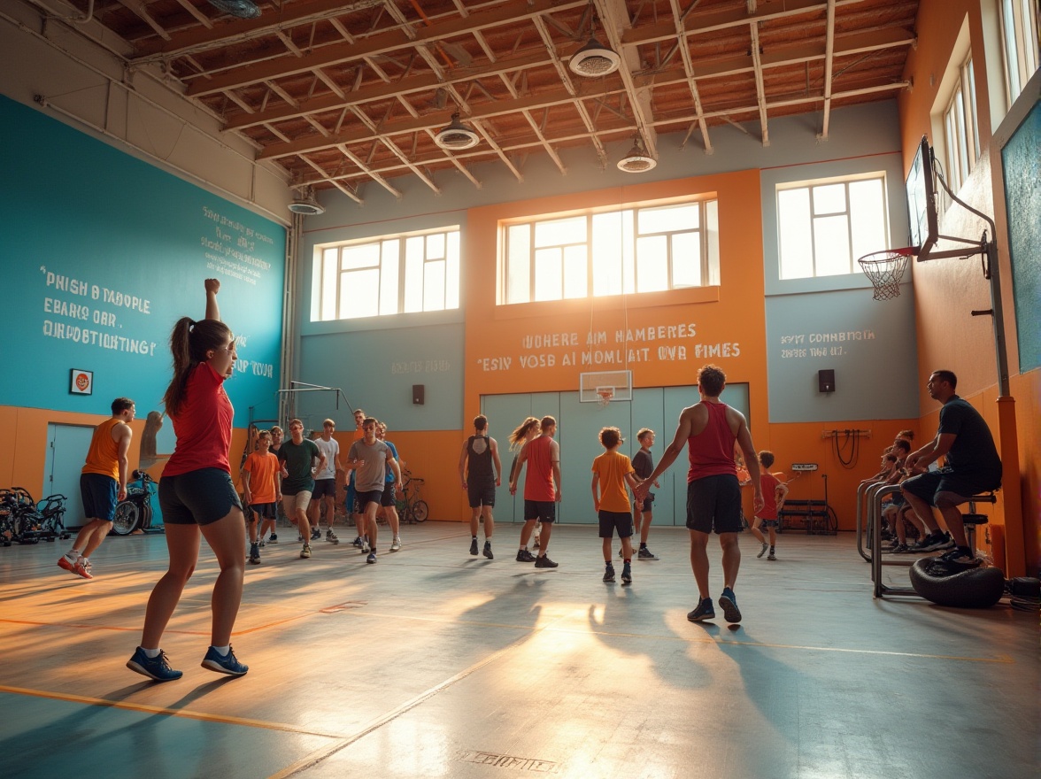 Prompt: Modern gymnasium interior, vibrant color scheme, bright natural light, large windows, wooden floors, basketball court, athletic equipment, fitness machines, inspirational quotes on walls, motivational banners, community engagement atmosphere, diverse age groups, energetic teenagers, focused adults, joyful kids, trainers in sportswear, sweat-drenched towels, refreshing water bottles, dynamic camera angle, 3/4 composition, warm lighting, morning sunlight.