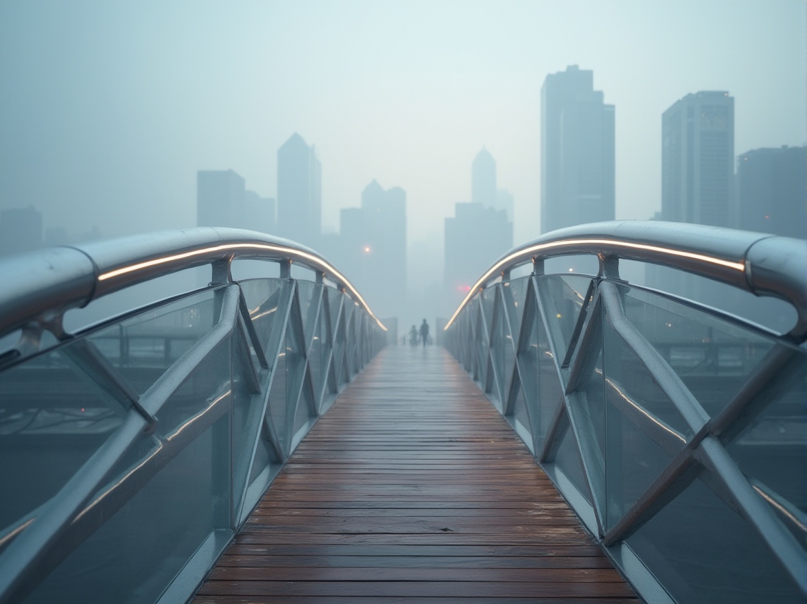 Prompt: Minimalist pedestrian bridge, sleek lines, simple curves, silver steel beams, wooden deck, subtle LED lights, modern railings, urban cityscape background, misty morning atmosphere, soft focus effect, shallow depth of field, dramatic low-angle shot, cinematic composition, 3/4 view.