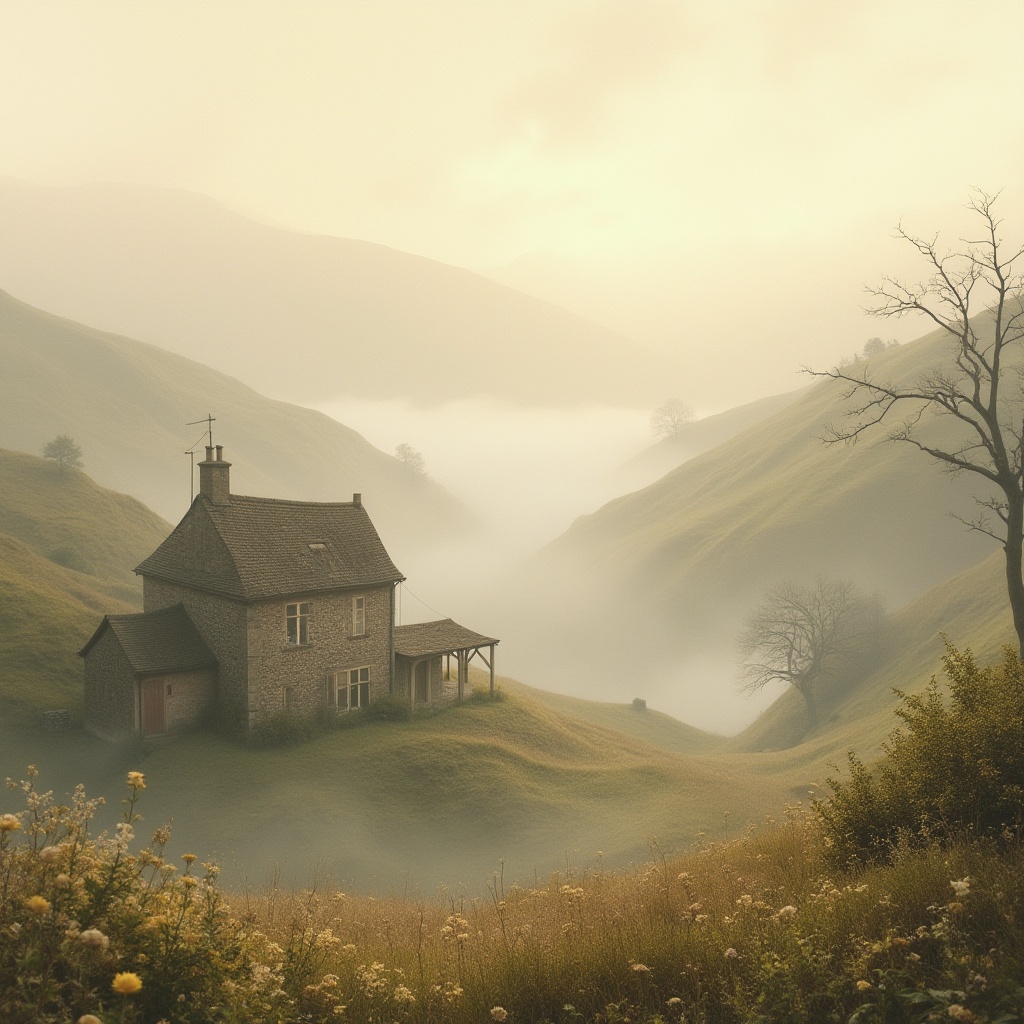 Prompt: Soft, misty atmosphere, Gainsborough-inspired color palette, gentle warm beige, soft cool grays, muted earth tones, creamy whites, subtle sepia undertones, watercolor-style blending, dreamy ethereal quality, whimsical, romantic, serene landscape, rolling hills, foggy valleys, vintage-inspired architecture, worn stone walls, moss-covered roofs, delicate florals, dainty trees, morning mist, warm golden lighting, soft focus, cinematic composition, shallow depth of field.