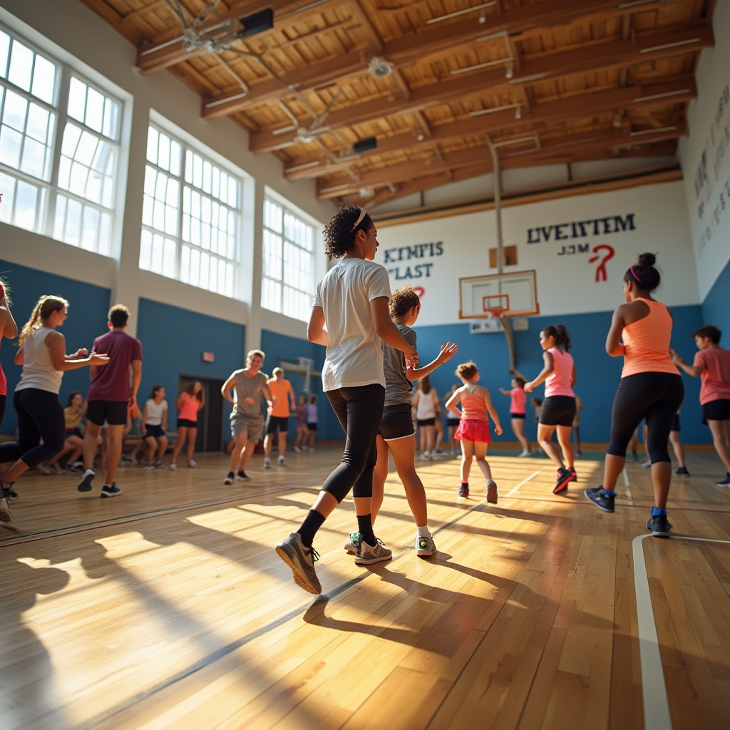 Prompt: Modern gymnasium, community engagement, vibrant colors, natural light pouring through large windows, wooden flooring, basketball court, bleachers, exercise equipment, motivational quotes on walls, diverse group of people, adults and children, different ethnicities, casual sportswear, sneakers, sweatbands, water bottles, fitness trackers, energetic atmosphere, dynamic composition, low-angle shot, warm lighting, slight blur effect.