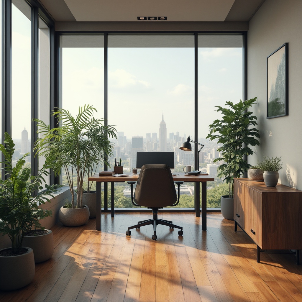 Prompt: Modern minimalist home office, spatial layout, optimizing functionality, wooden desk, ergonomic chair, green plants, floor-to-ceiling windows, natural light, cityscape view, 3/4 composition, panoramic view, softbox lighting, warm atmosphere, wooden flooring, minimal decorations, clean lines, functional decor.