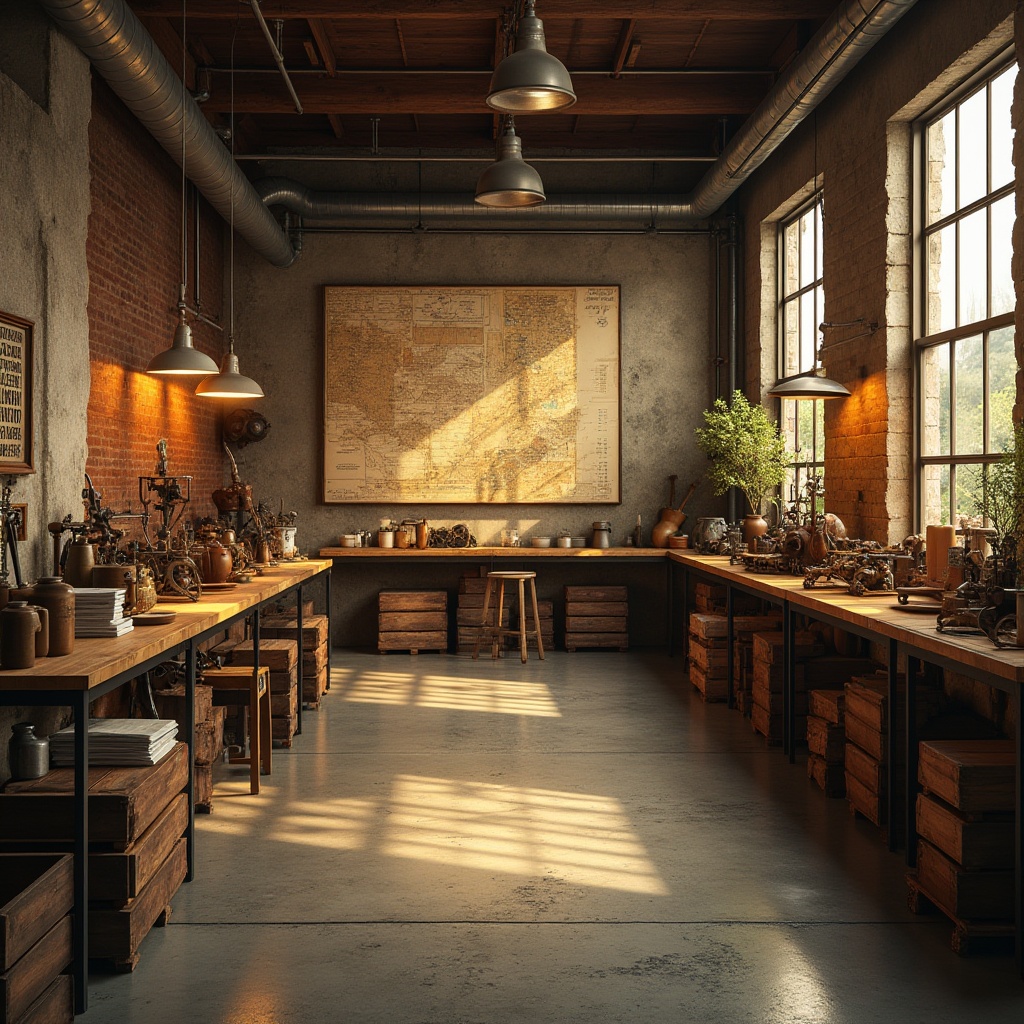 Prompt: industrial workshop, golden color scheme, warm and cozy atmosphere, wooden crates, metal tools, vintage machinery, rusty gears, scattered blueprints, inspirational quotes on walls, motivational posters, polished concrete floor, industrial lamps, high ceilings, large windows, natural light, 3/4 composition, soft lighting, realistic texture.