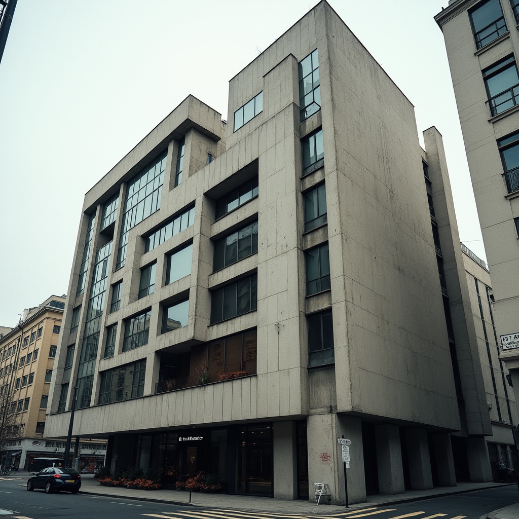 Prompt: Modernist building, Bauhaus style, geometric shapes, clean lines, minimal ornamentation, rectangular windows, asymmetrical facade, steel frame, concrete walls, industrial materials, urban setting, cityscape, metropolitan atmosphere, 1920s Germany inspiration, functionalism emphasis, rational design, neutral color palette, brutalist architecture influence, abstract composition, low-angle shot, dramatic lighting, high-contrast image.