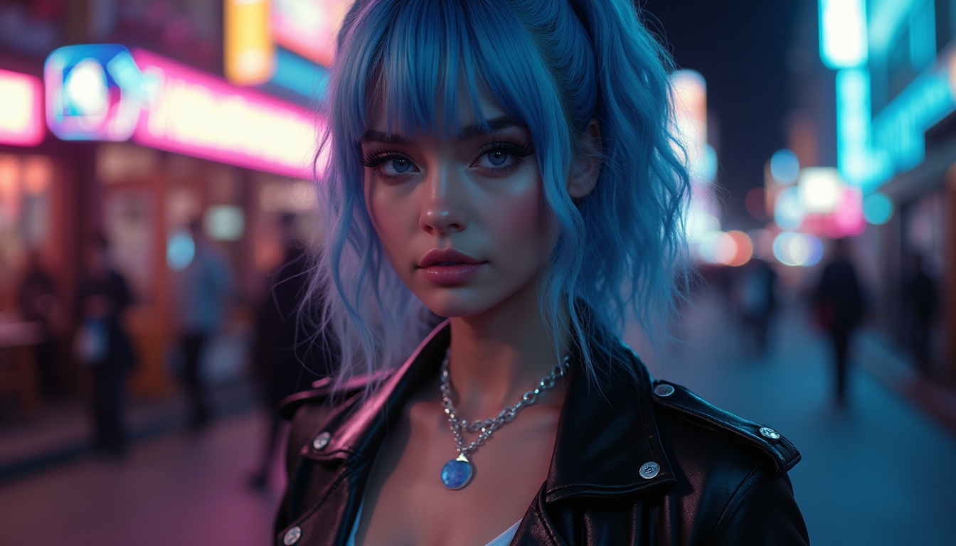 Prompt: Modern, trendy woman, blue violet hair, bold bangs, vibrant purple eyes, light natural makeup, slim fit, high-waisted skinny jeans, ripped knees, black leather jacket, white crop top, silver necklace, stiletto heels, urban city street, night scene, neon lights reflection, shallow depth of field, cinematic composition, low-key lighting.