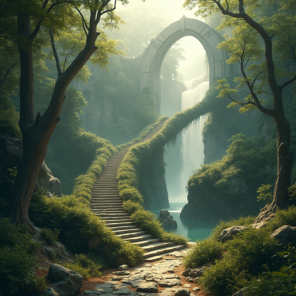 Prompt: Surrealistic landscape integration, futuristic architecture, harmonious blend with surroundings, vibrant greenery, misty atmosphere, gentle waterfalls, winding stone stairs, intricate archways, majestic trees, warm golden lighting, 3/4 composition, soft focus on background, high contrast, cinematic mood, serene ambiance.