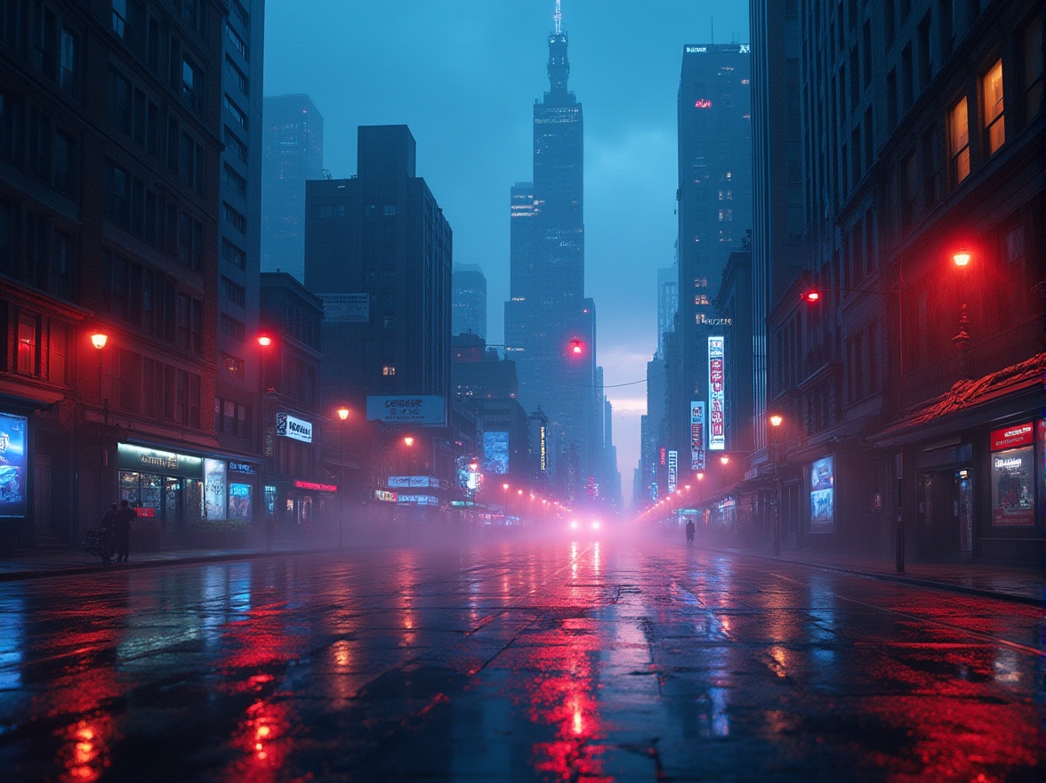 Prompt: Vibrant color palette, dynamic cityscape, futuristic skyscrapers, neon lights reflecting off wet pavement, misty rain atmosphere, dark blue tone, warm golden streetlights, bold red accents, deep purple shadows, misty fog rolling in, cinematic composition, low-angle shot, dramatic lighting, 3/4 view, urban nightlife, metropolitan mood.