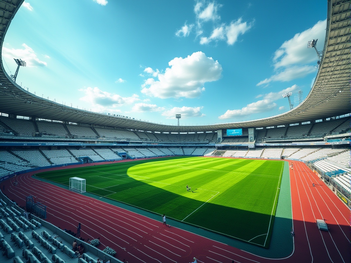 Prompt: Stadium, modern architecture, sleek lines, vibrant green grass, athletic tracks, soccer field, basketball court, tennis court, football goalposts, sports equipment, metal bleachers, bright floodlights, daytime, sunny weather, clear blue sky, dramatic cloud formations, aerial view, 3/4 composition, dynamic angles, bold contrast, high-contrast lighting.