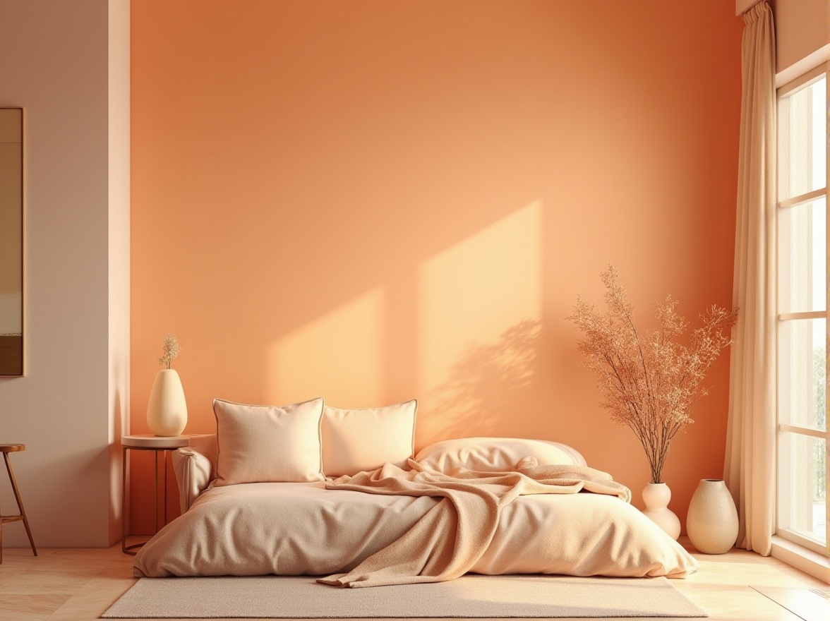 Prompt: Apricot color, vibrant warm tone, pastel hues, gentle gradient, soft texture, elegant material, modern minimalist design, Scandinavian style, interior decoration, home furnishings, accent walls, decorative pillows, ceramic vases, wooden furniture, natural lighting, warm ambiance, cozy atmosphere, 3/4 composition, shallow depth of field, still life photography, HDR rendering.