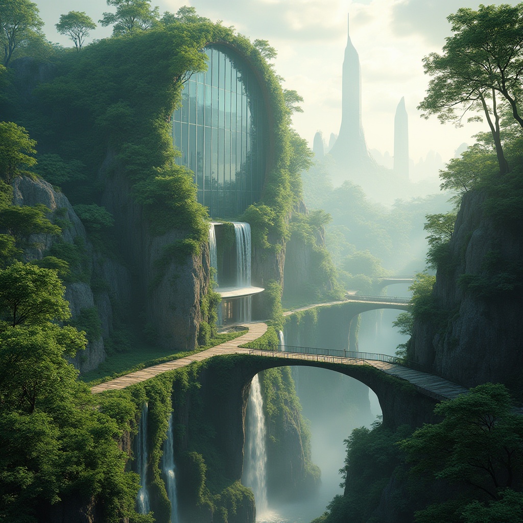 Prompt: Landscape integration, blending architecture with nature, futuristic skyscraper, curved lines, transparent glass, green roof, overhanging plants, waterfall cascading down the side, misty atmosphere, morning dew, sun rays filtering through trees, lush forest surroundings, winding stone path, wooden bridge connecting buildings, natural rock formations, soft misty lighting, 3/4 composition, cinematic angle.