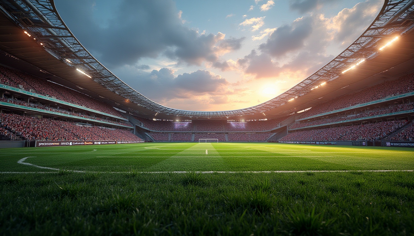 Prompt: Modern stadium, sleek architecture, metallic texture, shiny chrome accents, vibrant LED lights, transparent glass walls, plush green grass, realistic crowd simulation, 3/4 composition, dramatic low-angle shot, warm sunset lighting, dynamic shadows, high-definition render, detailed stadium seats, authentic sports equipment, energetic atmosphere.