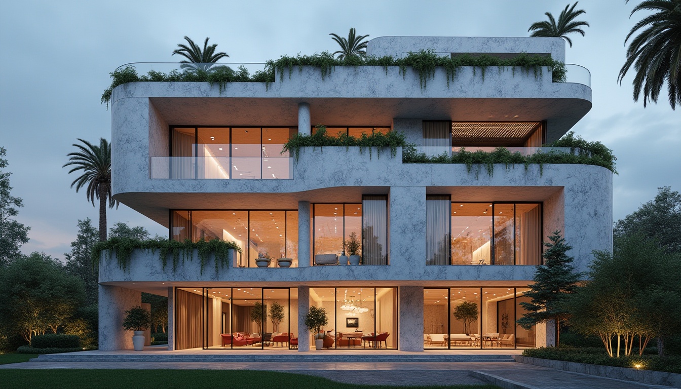 Prompt: Marble facade, luxurious social housing, football stadium background, urban landscape, modern architecture, sleek lines, geometric shapes, transparent glass windows, metal frames, spacious balconies, green roofs, vertical gardens, marble-clad columns, grand entrance, high ceilings, minimalist interior design, ambient lighting, dramatic shadows, evening atmosphere, golden hour, cinematic composition.