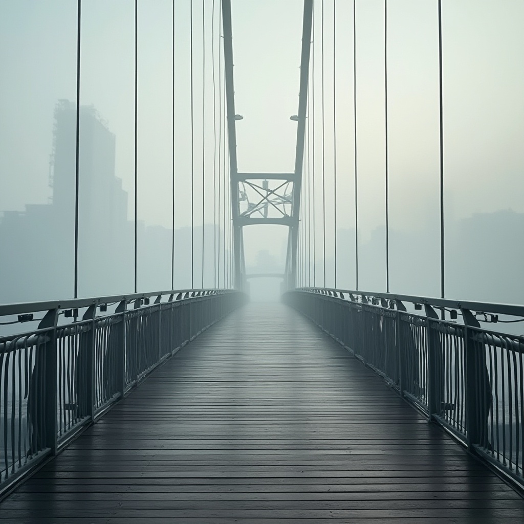 Prompt: Minimalist pedestrian bridge, sleek lines, simple shapes, industrial materials, steel beams, cable suspension, wooden deck, slender pillars, geometric railings, subtle lighting, urban cityscape, misty morning, soft focus, cinematic composition, 3/4 view, low-angle shot, dramatic shadows, calm atmosphere.