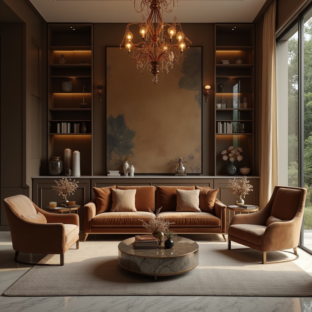 Prompt: Luxurious interior, material selection, high-end furniture, rich velvet fabric, smooth leather upholstery, polished wooden accents, metallic frames, glass coffee table, marble floor, elegant chandelier, warm ambient lighting, soft focus, 3/4 composition, shallow depth of field, cinematic mood, modern living room, cozy atmosphere.