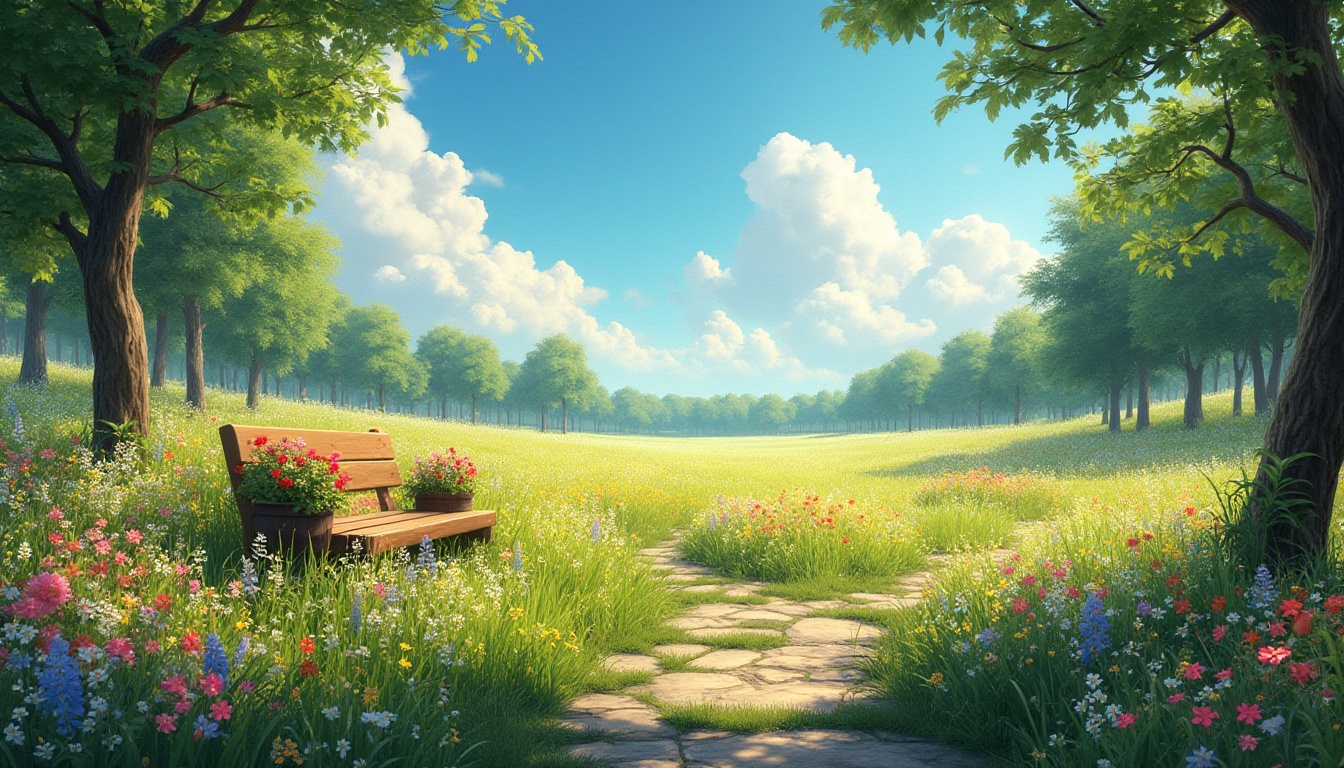 Prompt: Vibrant meadow, lush green grass, colorful wildflowers blooming, sunny day, clear blue sky, fluffy white clouds, gentle breeze, tranquil atmosphere, wooden bench, stone pathway, surrounded by tall trees, vibrant flowers in baskets, hanging lanterns, soft warm lighting, serene composition, natural scenery, peaceful ambiance.