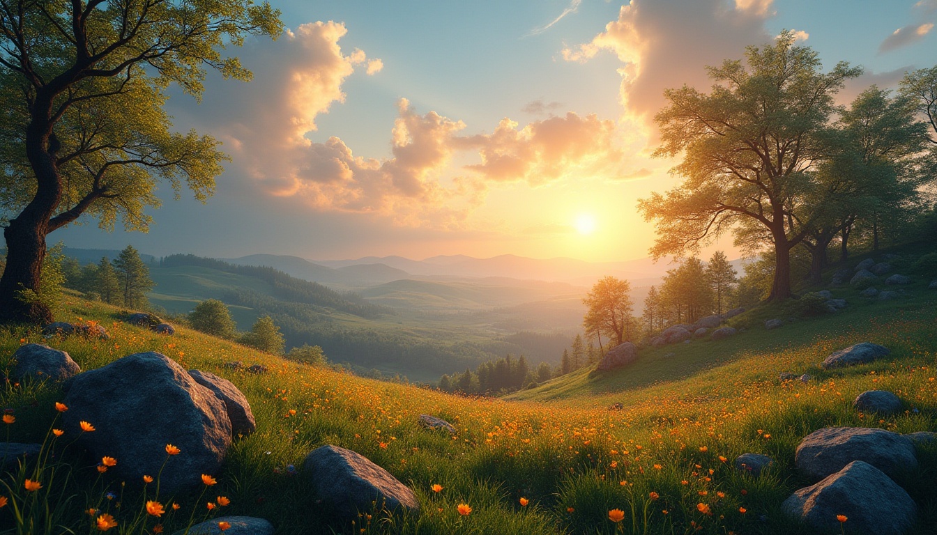 Prompt: Vibrant color palette, sunset hues, warm golden light, deep blue sky, fluffy white clouds, serene landscape, rolling hills, blooming wildflowers, lush greenery, ancient trees, moss-covered stones, misty atmosphere, soft focus, dreamy ambiance, 3/4 composition, shallow depth of field, cinematic mood, peaceful setting.