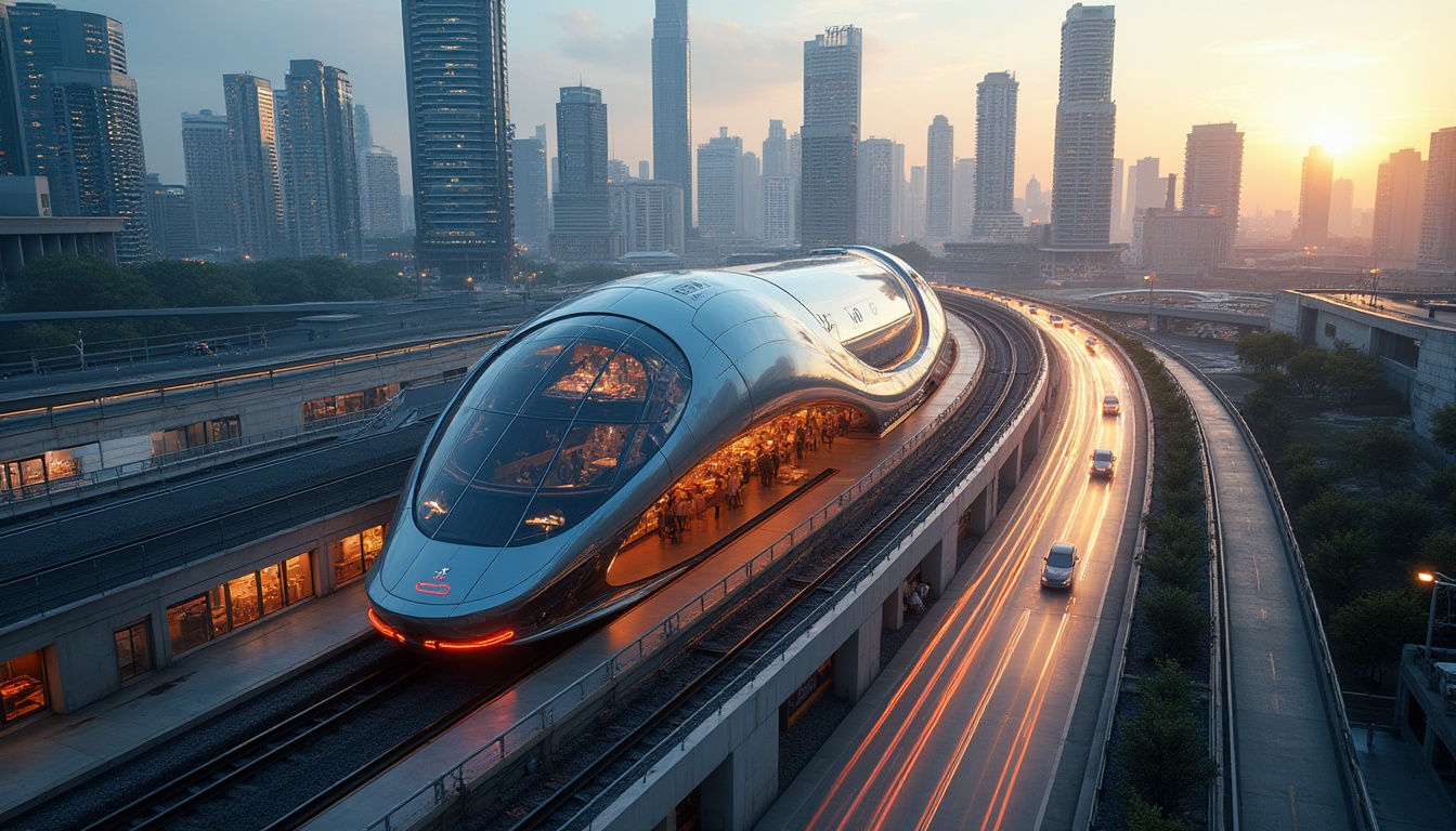 Prompt: Futuristic transportation hub, innovative facade design, curved lines, metallic materials, neon lights, sleek architecture, busy cityscape, metropolitan area, skyscrapers in background, blurred motion of vehicles, evening ambiance, warm lighting, dramatic shadows, high-angle shot, cinematic composition, 3/4 view, urban jungle, bustling atmosphere.