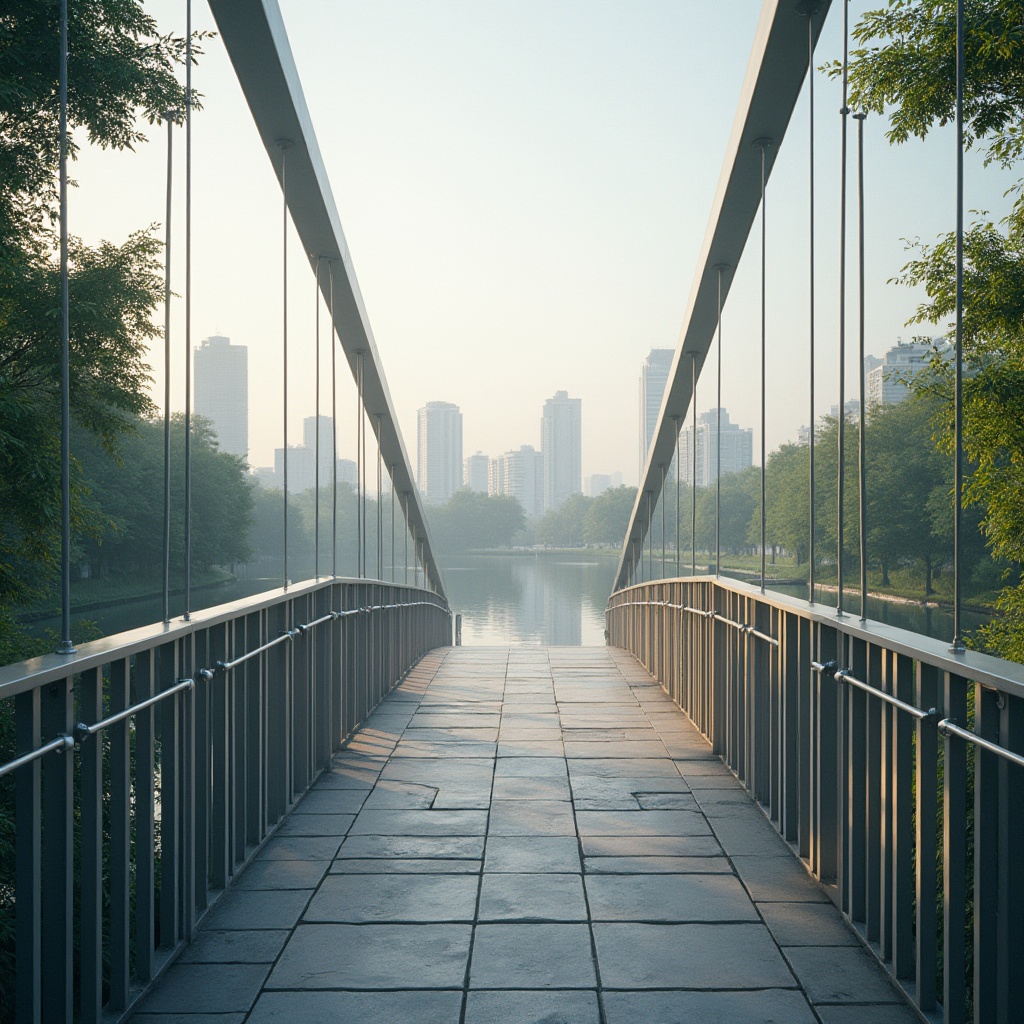 Prompt: Minimalist pedestrian bridge, sleek structural elements, silver metal beams, clean lines, geometric shapes, simplicity emphasized, modern urban setting, cityscape background, subtle natural light, soft shadows, afternoon atmosphere, gentle mist, calm water reflection, lush greenery surrounding, stone or wooden pathway leading to the bridge, distant skyscrapers, 3/4 composition, low-angle shot, cinematic lighting, high-contrast tone.