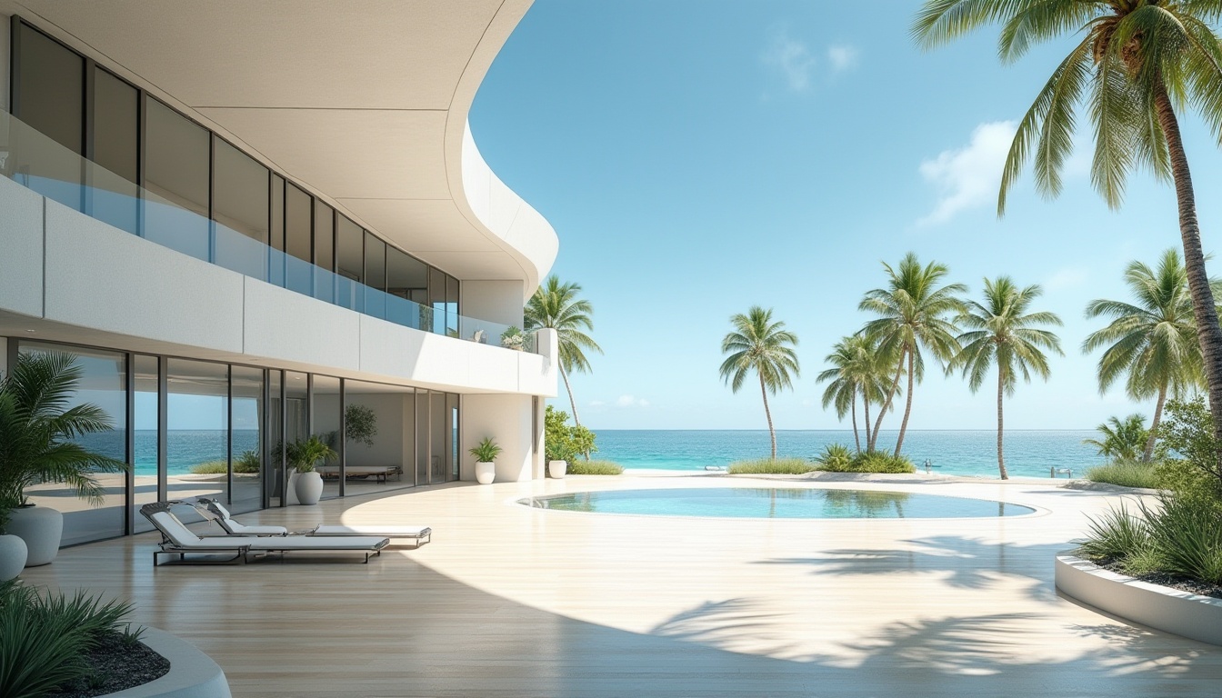 Prompt: Modern island gymnasium, futuristic architecture, curved lines, white concrete walls, floor-to-ceiling windows, ocean views, natural light pouring in, sleek wooden floors, minimalist interior design, state-of-the-art exercise equipment, tropical plants surrounding the building, beach volleyball court nearby, palm trees swaying gently, sunny afternoon, cloudless blue sky, shallow water reflections, 3/4 composition, symmetrical framing, soft focus background, vibrant color accents, dynamic lighting, panoramic view.