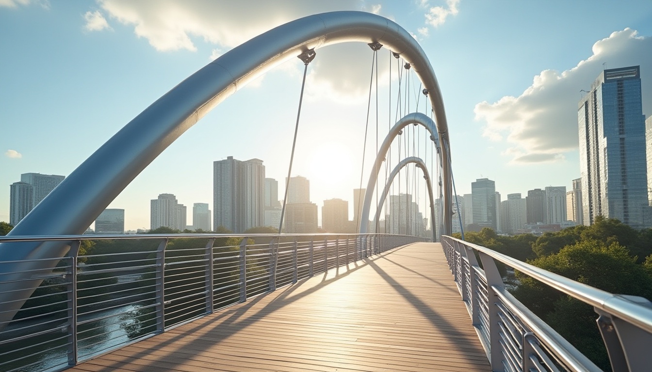 Prompt: Minimalist pedestrian bridge, modern design, simple lines, clean silhouette, steel beams, silver metal, wooden deck, light brown wood, minimalist railings, subtle curves, gentle slope, urban landscape, cityscape, skyscrapers in background, blue sky with few clouds, warm sunlight casting long shadows, 3/4 composition, low-angle shot, emphasis on structure and texture.