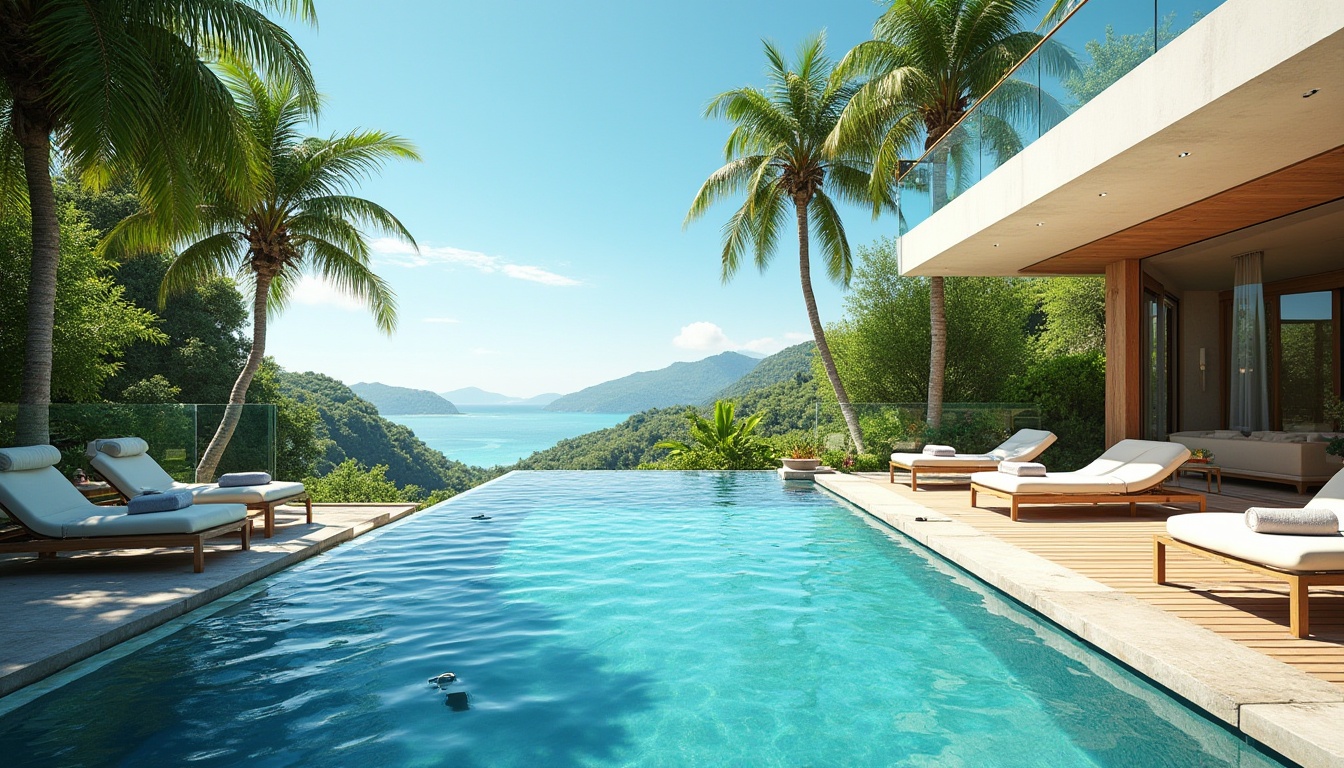 Prompt: Inviting outdoor spaces, luxurious villa, backyard, poolside, sunny day, clear blue sky, lush greenery, palm trees, lounge chairs, soft cushions, wooden deck, glass railing, infinity pool, turquoise water, gentle waves, pool noodles, sunglasses, summer atmosphere, warm lighting, 3/4 composition, shallow depth of field.