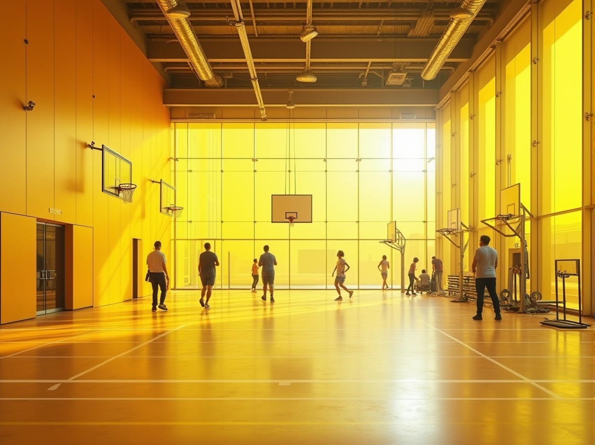 Prompt: Modern gymnasium interior, light yellow colored glass walls, minimalist decor, sleek lines, high ceilings, natural light pouring in, athletic tracks, basketball hoops, rows of exercise equipment, people exercising in motion, dynamic angles, 3/4 composition, soft focus on background, vibrant color contrast, reflective surfaces, modern architecture, urban feel, morning light, bright ambiance.