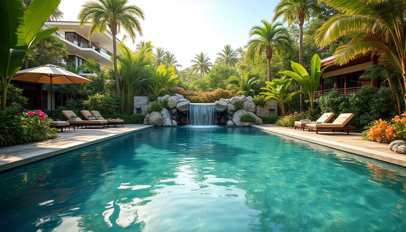 Prompt: Luxurious swimming pool, tropical landscape integration, palm trees surrounding, vibrant floral arrangements, natural stone decking, infinity edge blending with lush greenery, waterfall cascading into the pool, sunny day, warm soft lighting, panoramic view, 3/4 composition, beautiful detailed background, depth of field, realistic, ambient light, cinematic composition, summer vibes.