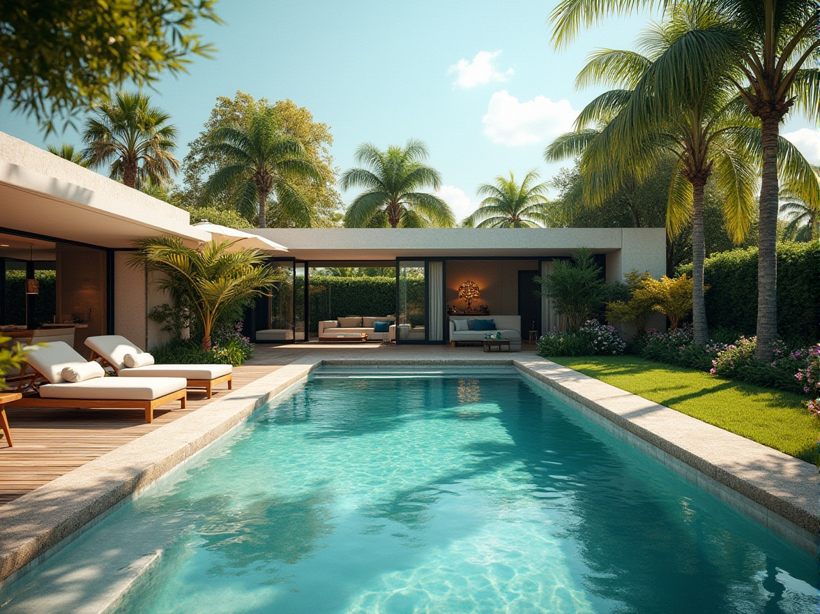 Prompt: Luxurious backyard, inviting outdoor space, rectangular pool, crystal clear water, sun loungers, comfortable cushions, umbrella, wooden deck, lush greenery, tall palm trees, colorful flowers, warm sunny day, gentle breeze, soft natural light, 3/4 composition, cinematic ambiance, realistic texture, depth of field.