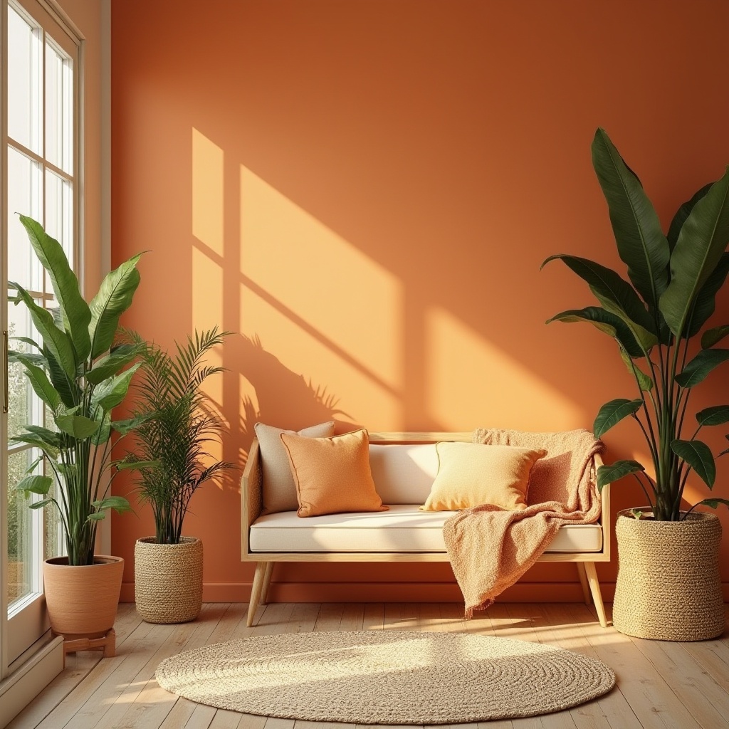 Prompt: Apricot-colored, vibrant, warm, inviting, design element, modern interior, Scandinavian style, wooden furniture, pastel-shaded walls, geometric patterns, minimalist decor, cozy atmosphere, natural light, large windows, greenery, potted plants, rattan basket, woven textiles, earthy tone, bohemian chic, eclectic accessories, artistic composition, soft focus, warm lighting, 3/4 view.