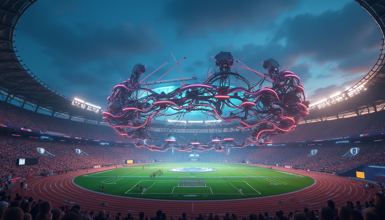 Prompt: Futuristic stadium, metabolic architecture style, intricate network of tubes and wires, glowing neon lights, transparent domed roof, sleek metallic exterior, curved lines, dynamic shape, angular fragments, complex structural system, vibrant color scheme, energetic atmosphere, athletes in motion, running tracks, jumping hurdles, soccer field, goalposts, scoreboard, crowds cheering, urban cityscape background, evening sky with stars, dramatic spotlighting, cinematic composition, 3/4 view angle.