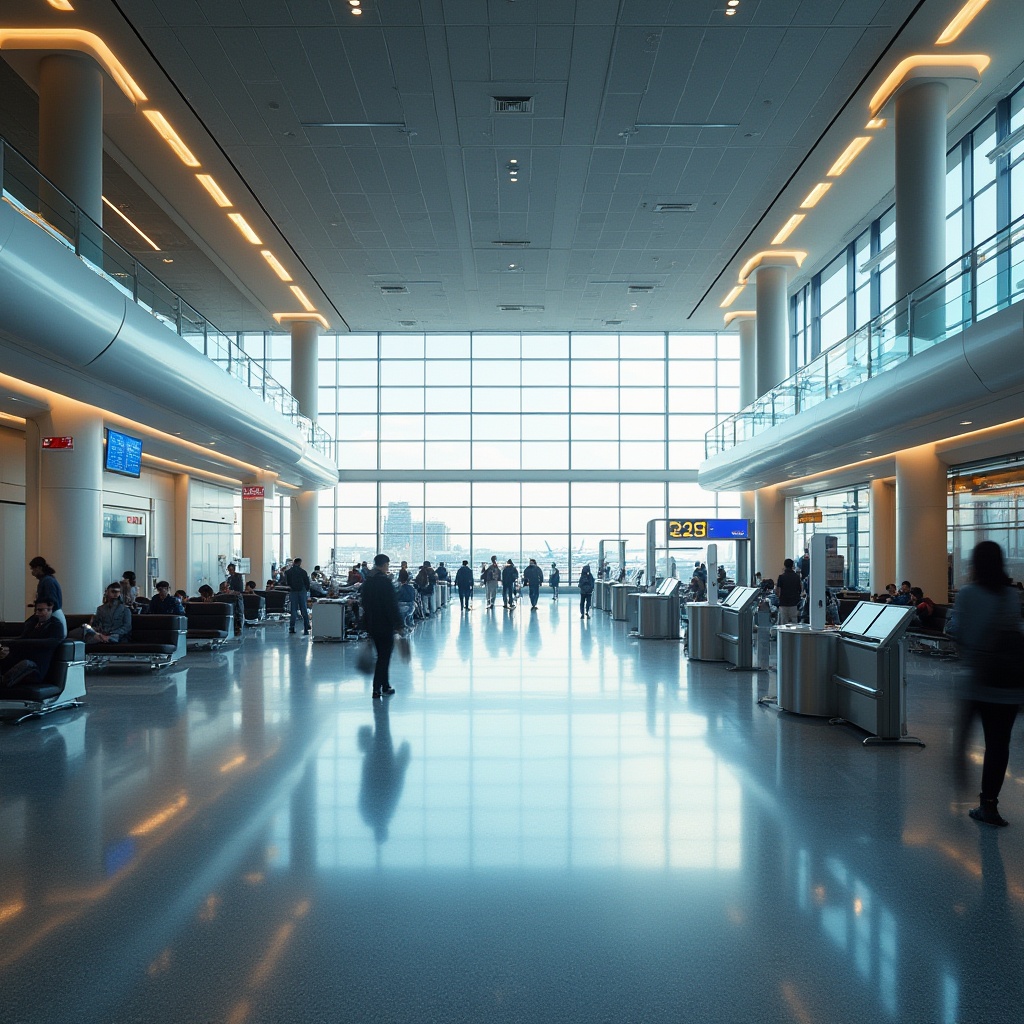 Prompt: Modern airport interior, functional layout, optimizing passenger flow, spacious high ceiling, sleek silver handrails, polished granite flooring, abundant natural light, minimalist seating areas, futuristic LED signage, efficient ticketing counters, ample power outlets, elegant wooden accents, panoramic views of airfield, bustling atmosphere, blurred motion effect, shallow depth of field, vibrant colors, cinematic composition.