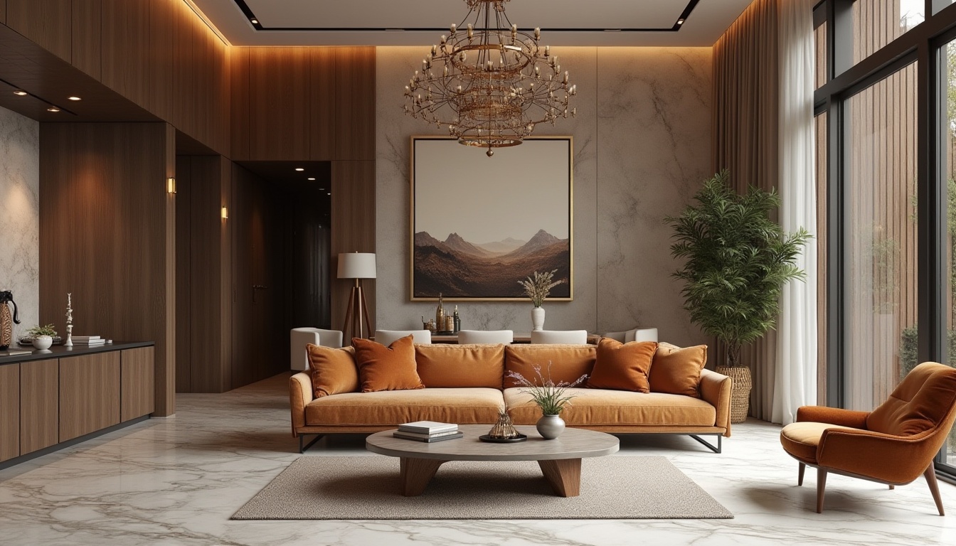 Prompt: Luxury interior design, modern living room, marble flooring, wooden panel walls, velvet sofa, stainless steel coffee table, glass chandelier, ambient lighting, 3/4 composition, soft focus, high-end material selection, sophisticated color palette, elegant atmosphere, depth of field, realistic rendering.