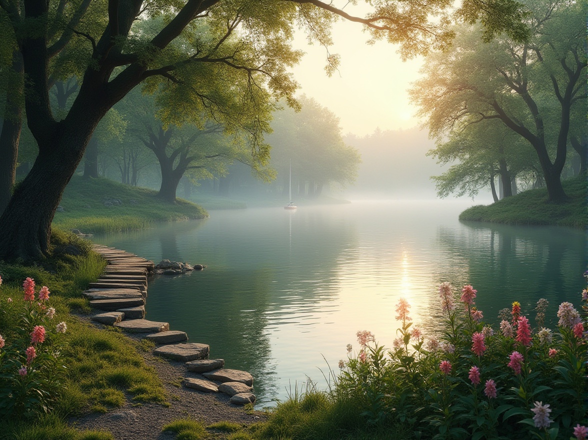 Prompt: Serene landscape, incorporating water features, calm atmosphere, gentle ripples on lake surface, surrounding lush greenery, tall trees with overhanging branches, few stepping stones leading to a wooden dock, sailboat or kayak in the distance, misty morning or warm sunset lighting, vibrant flowers blooming near the water's edge, soft grass or moss-covered banks, tranquil ambiance, 3/4 composition, shallow depth of field.