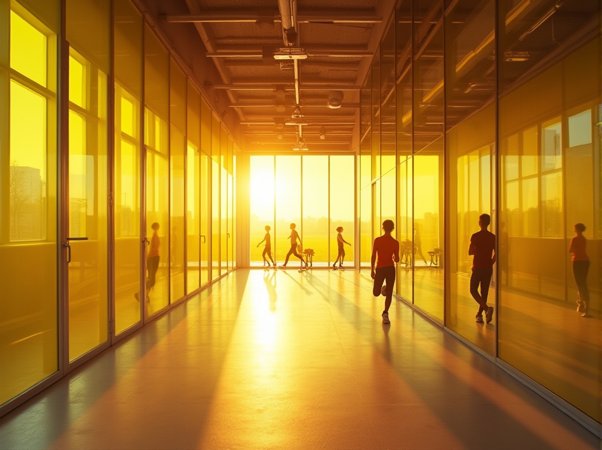 Prompt: Modern gymnasium interior, innovative use of light yellow colored glass, transparent floor-to-ceiling walls, natural daylight filtering through, warm and inviting ambiance, sleek lines, minimalist aesthetic, metallic frames, polished concrete floors, suspended ceiling lamps, fitness equipment silhouettes, athletic wear-clad figures in motion, dynamic shadows, low-angle shot, 3/4 composition, soft focus background, cinematic lighting, morning sunlight.