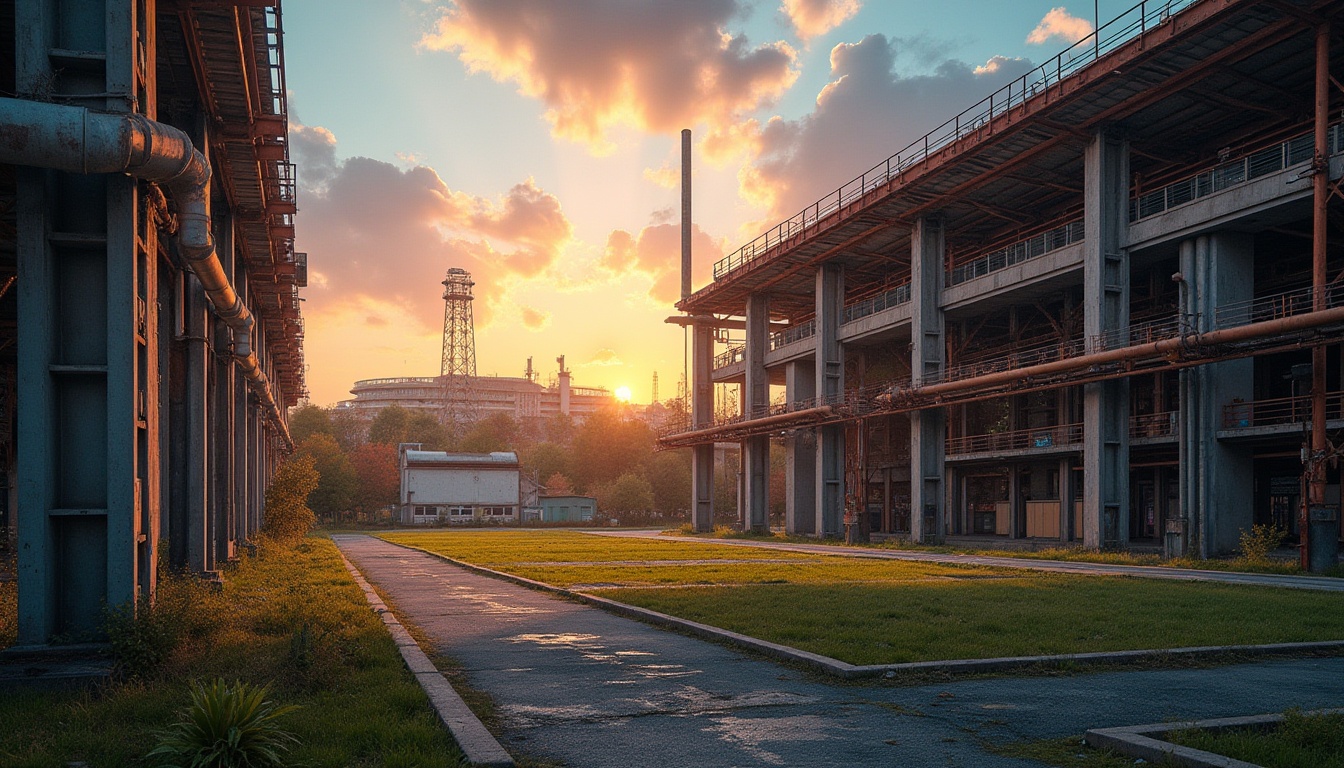 Prompt: industrial area, stadium integration, modern architecture, steel beams, concrete columns, urban landscape, bustling streets, cityscape, sunset atmosphere, warm lighting, dramatic shadows, dynamic composition, 3/4 view, low-angle shot, sports facilities, athletic tracks, green grass, vibrant colors, industrial pipes, metallic textures, rusty tones, contrast between old and new, revitalized neighborhood.