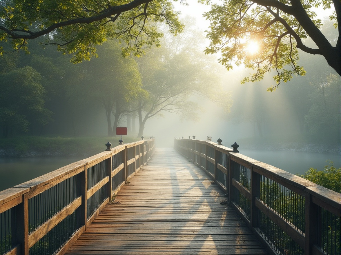 Prompt: Minimalist pedestrian bridge, simple lines, industrial materials, concrete, steel beams, wooden handrails, neutral color palette, gray, beige, white, soft brown, weathered wood, subtle shadows, early morning mist, calm atmosphere, serene riverbank, lush greenery, trees alongside, gentle sunlight filtering through leaves, natural textures, 3/4 composition, shallow depth of field, cinematic mood, ambient light.