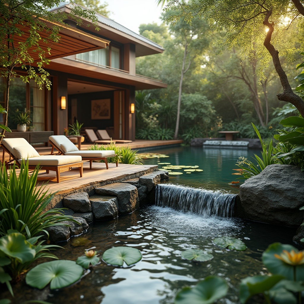 Prompt: Luxurious villa, backyard oasis, incorporating water features, serene ambiance, warm sunlight, gentle ripples on pond surface, small waterfall cascading down natural rocks, lily pads floating, vibrant greenery surrounding, wooden deck with comfortable lounge chairs, soft cushions, refreshing mist, tranquil atmosphere, 3/4 composition, shallow depth of field, warm color palette, cinematic lighting, realistic rendering.