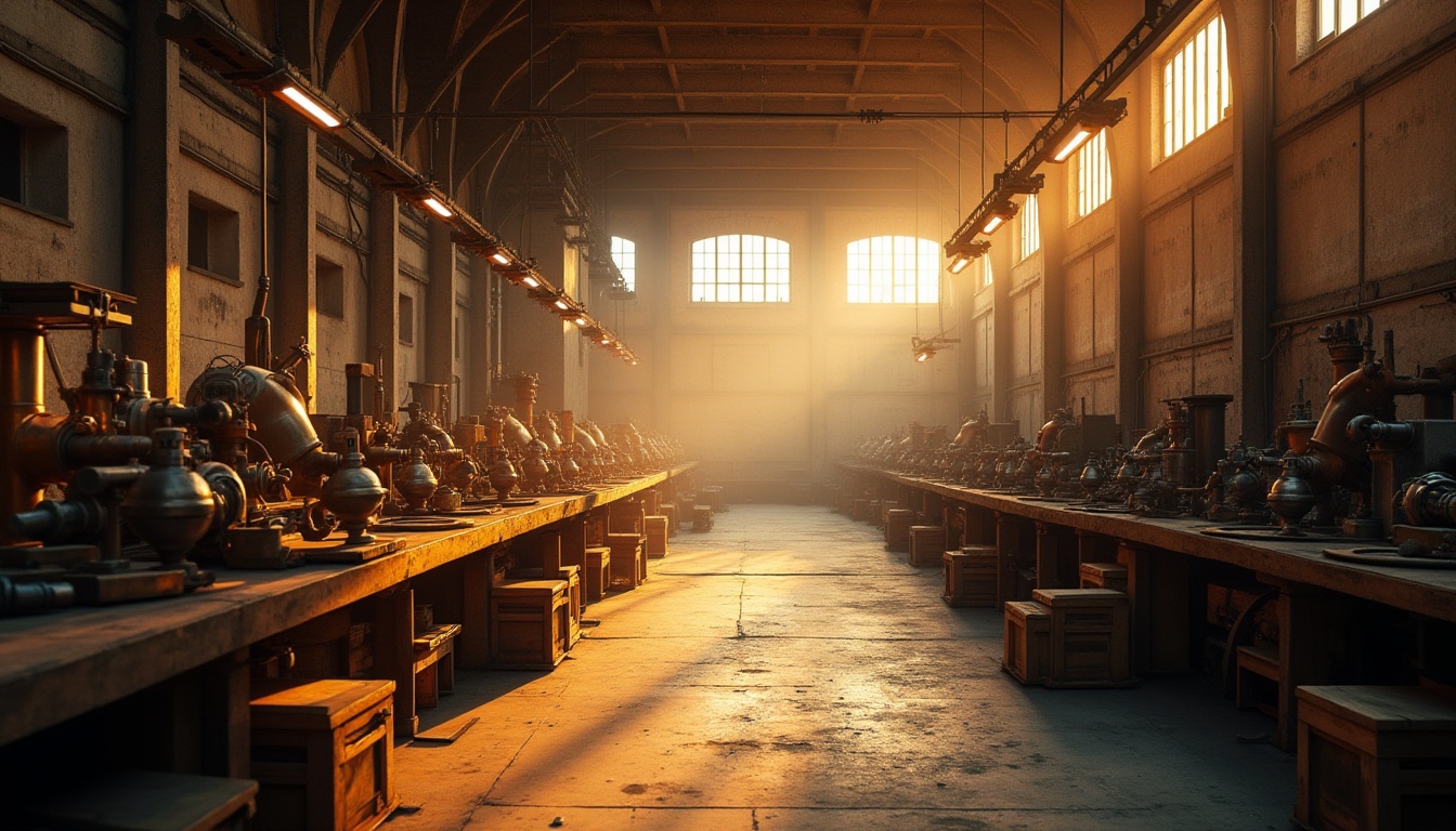 Prompt: Industrial workshop, golden color scheme, warm atmosphere, metal machinery, wooden workbenches, scattered tools, fluorescent lamps, high ceilings, concrete floors, large windows, natural light, 3/4 composition, shallow depth of field, soft focus, rustic texture, metallic sheen, vintage industrial feeling, ambient lighting, afternoon sunbeam.